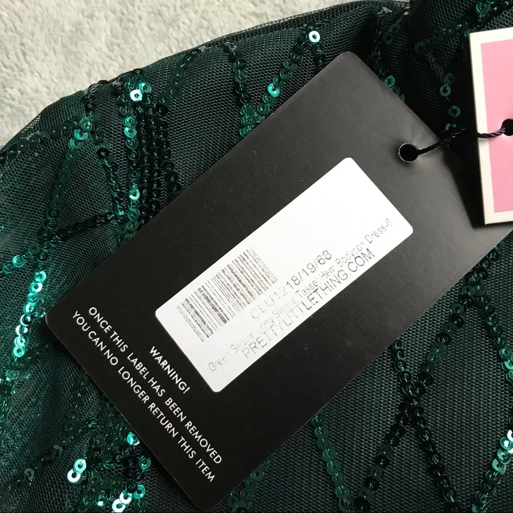 NWT PrettyLittleThing Emerald Green Sequin Fringe Tassel Bodycon Party Dress 2 - Picture 9 of 13